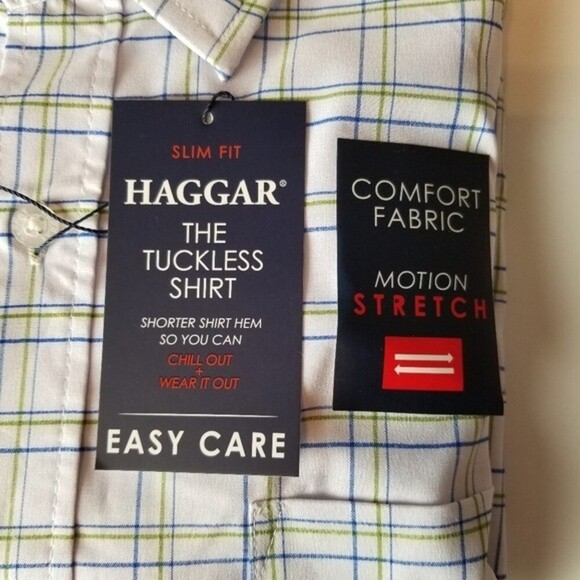 Haggar Tuckless Moisture Wicking Slim Fit White Plaid Shirt Size Medium - Picture 8 of 8